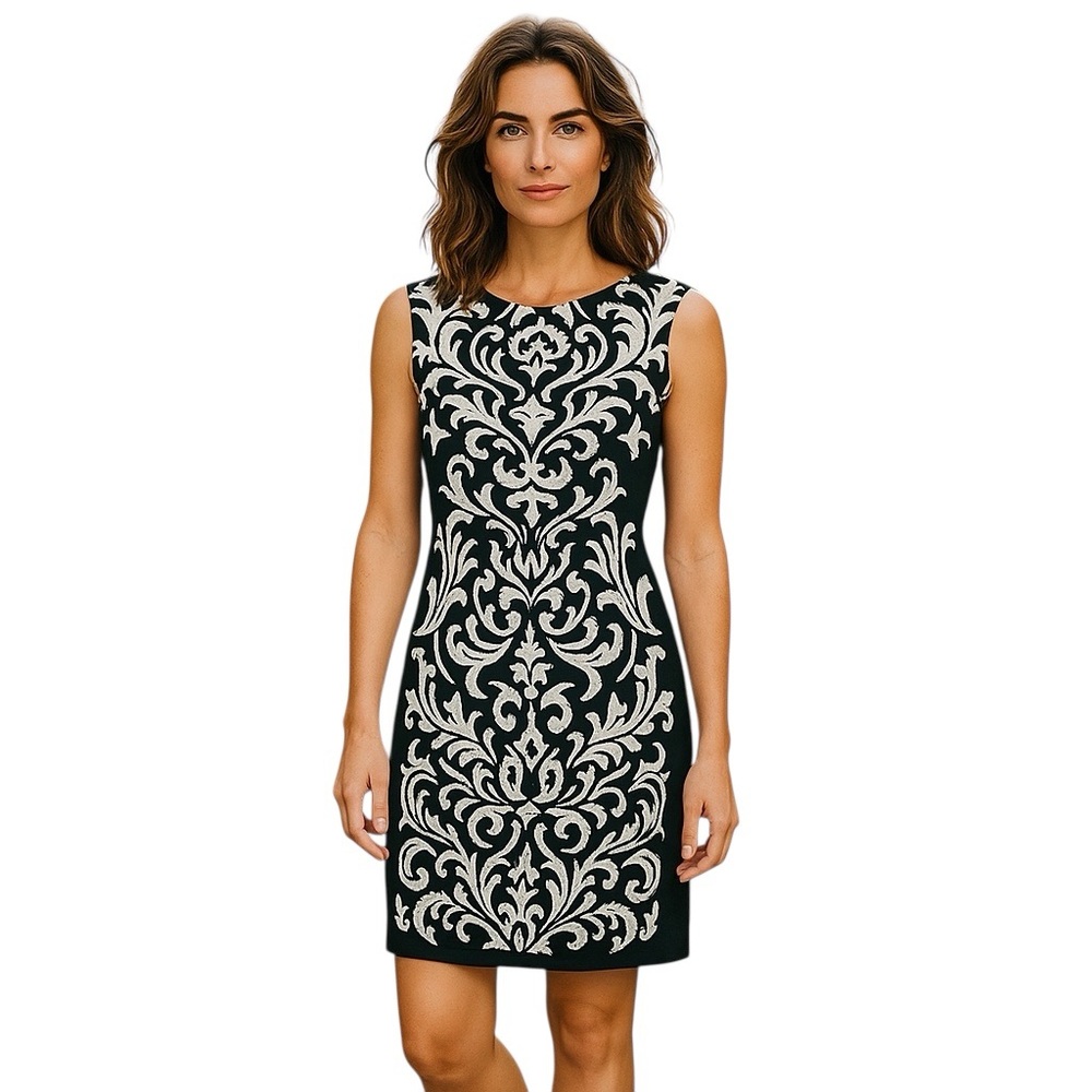 Julian Taylor Dress 10 Black Gray Baroque Scroll Sheath Career Stretch Epaulets